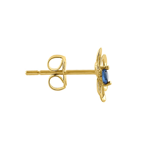 Solid 14K Yellow Gold Retro Flower Blue Sapphire CZ Earrings