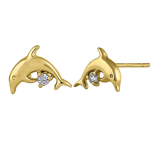 Solid 14K Yellow Gold Leaping Dolphins Clear Round CZ Earrings