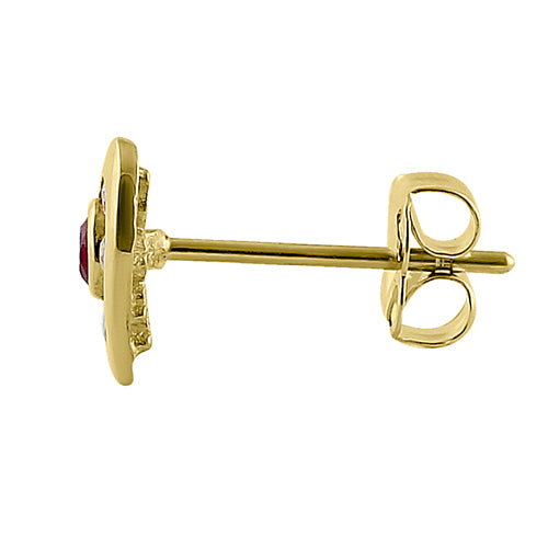 Solid 14K Yellow Gold Heart Ruby & Clear Round CZ Earrings