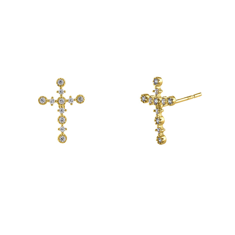 Solid 14K Yellow Gold Cross CZ Earrings