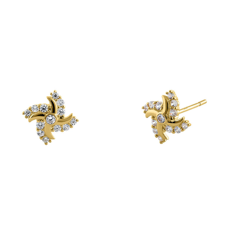 Solid 14K Yellow Gold Pinwheel CZ Earrings