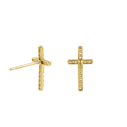 Solid 14K Yellow Gold 11 x 6mm Cross CZ Earrings