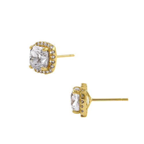 Solid 14K Yellow Gold 8.25mm Cushion Halo CZ Earrings