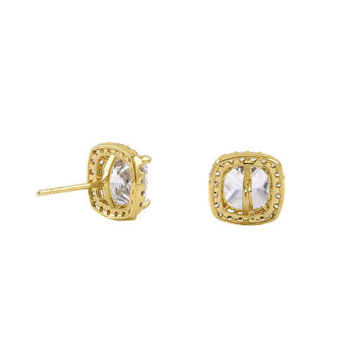 Solid 14K Yellow Gold 8.25mm Cushion Halo CZ Earrings