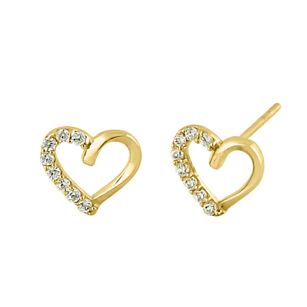 Solid 14K Yellow Gold Half CZ Heart Stud Earrings
