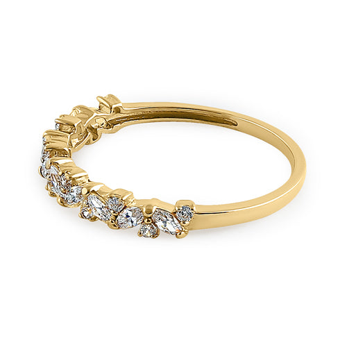 Solid 14K Yellow Gold Cluster Marquise & Round Clear CZ Ring