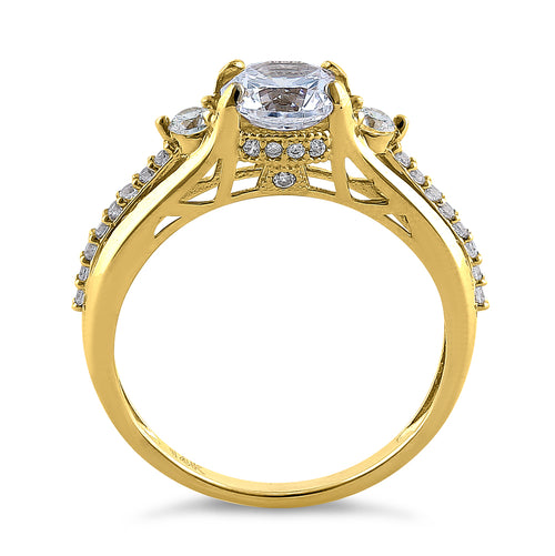 Solid 14K Yellow Gold Triple Round Cut CZ Engagement Ring