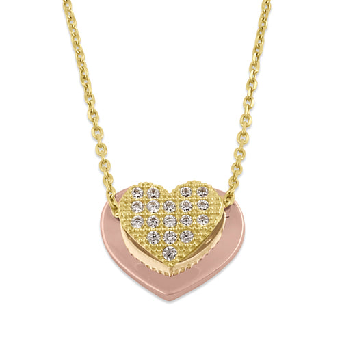 Solid 14K Gold Rose Gold Layered Heart with Clear CZ Necklace