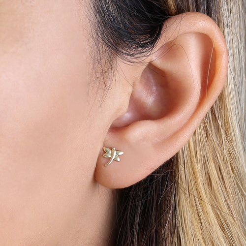 Solid 14K Yellow Gold Dragonfly Stud Earrings