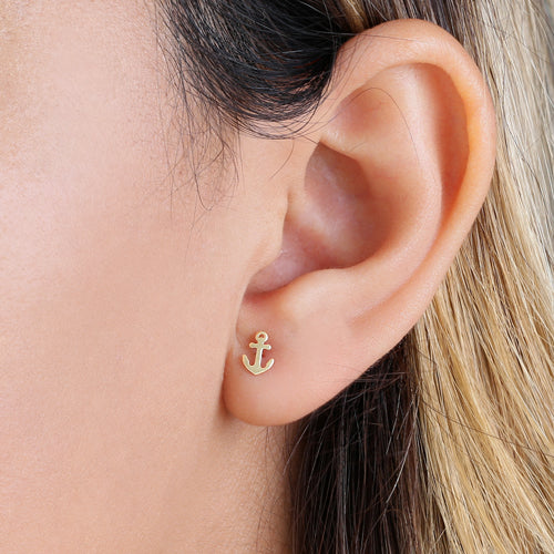Solid 14K Yellow Gold Anchor Stud Earrings