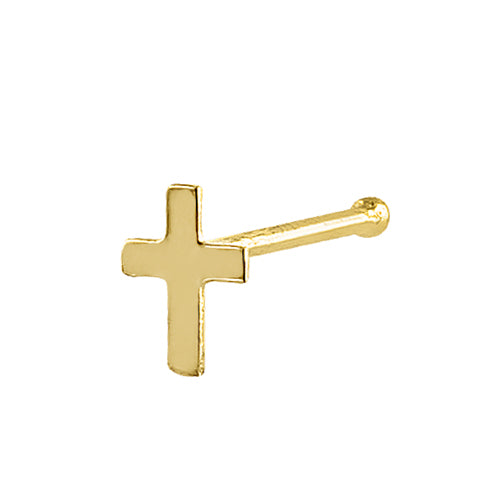 Solid 14K Yellow Gold Small Cross Straight Nose Stud
