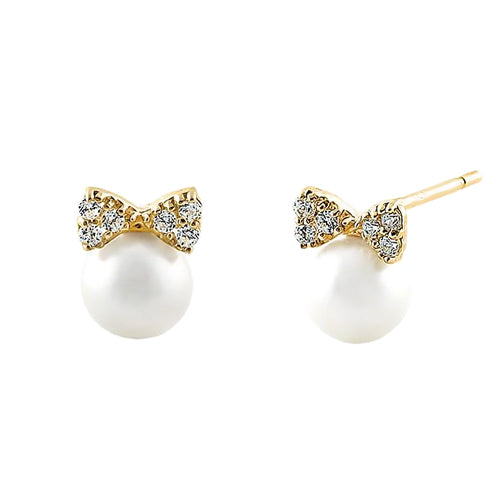 Solid 14K Yellow Gold Bow & Fresh Water Pearl Clear CZ Earrings