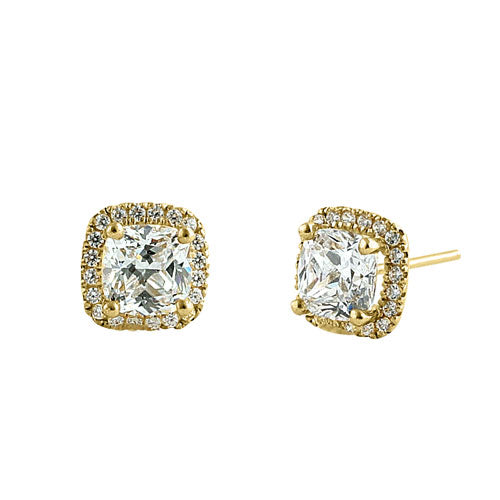 Solid 14K Yellow Gold Cushion Halo CZ Earrings