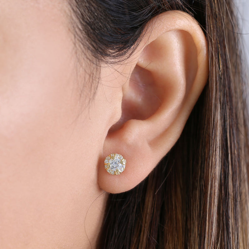 .92 ct Solid 14K Yellow Gold Halo Round CZ Stud Earrings