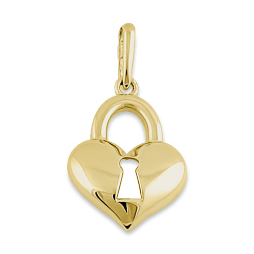 Solid 14K Yellow Gold Heart Lock Pendant