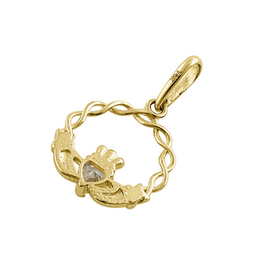 Solid 14K Yellow Gold Claddagh CZ Pendant