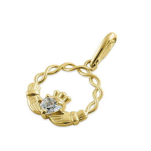 Solid 14K Yellow Gold Claddagh CZ Pendant