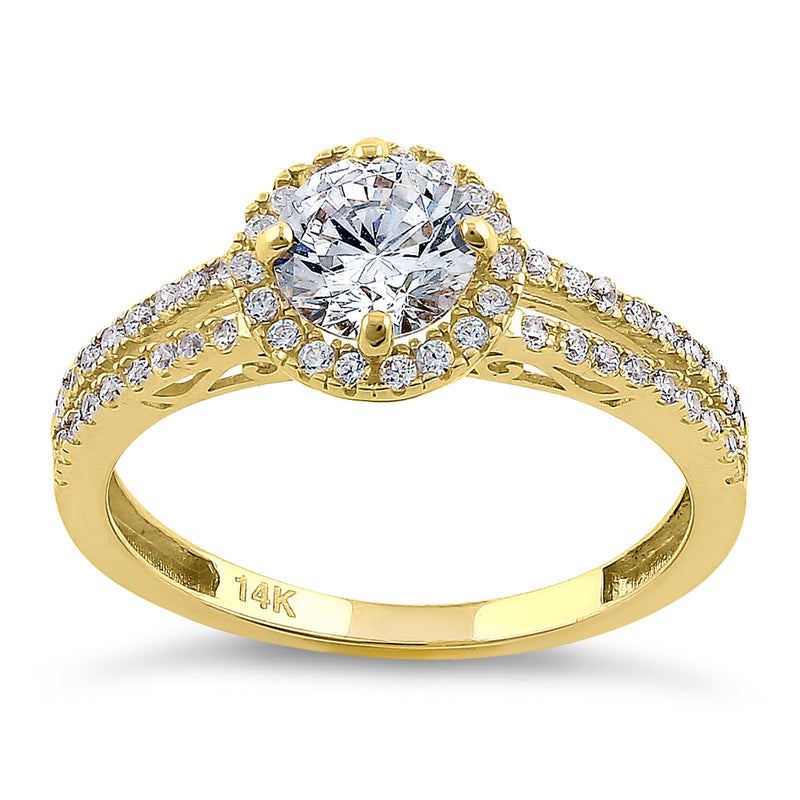 Solid 14K Yellow Gold Round Cut Halo CZ Engagement Ring