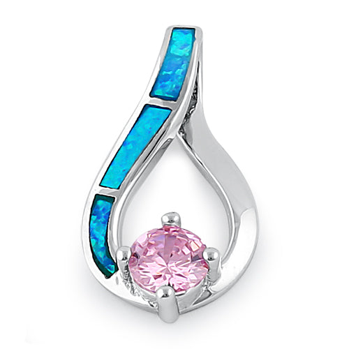 Sterling Silver Twist Blue Lab Opal & Pink Round Cut CZ Pendant