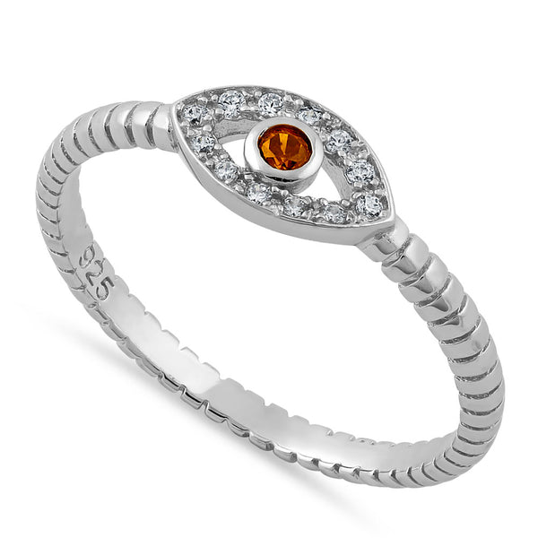 Sterling Silver Red Orange Stone Evil Eye CZ Ring