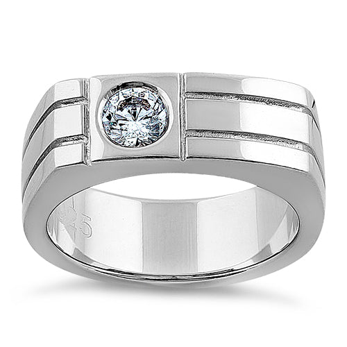 Sterling Silver Men's Offset Round Cut Clear CZ Ring