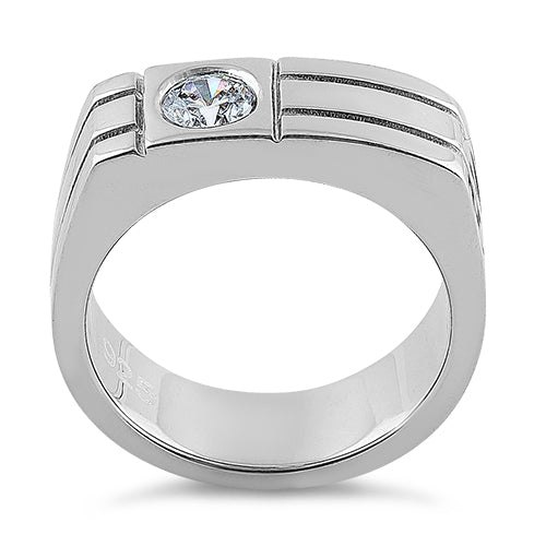 Sterling Silver Men's Offset Round Cut Clear CZ Ring