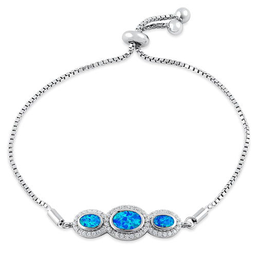 Sterling Silver Adjustable Triple Oval Blue Lab Opal & Clear CZ Box Chain Bracelet