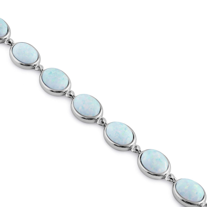 Sterling Silver White Lab Opal 9.0mm x 7.0mm Oval Beads Bracelet