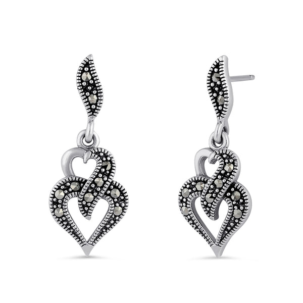 Sterling Silver Double Heart Marcasite Dangle Earrings
