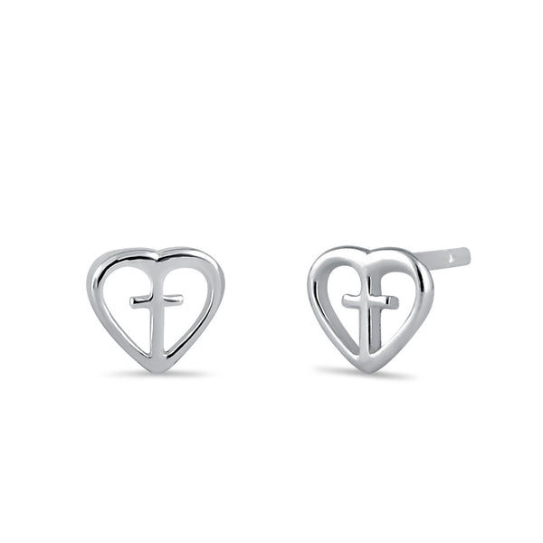 Sterling Silver Cross in Heart Stud Earrings