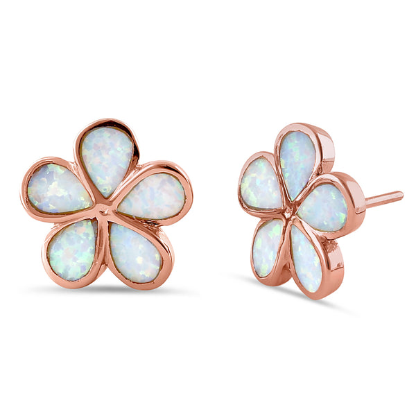 Sterling Silver Rose Gold Flower White Lab Opal Stud Earrings