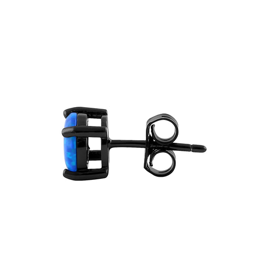 Sterling Silver Black Rhodium Plated Round Blue Lab Opal Stud Earrings