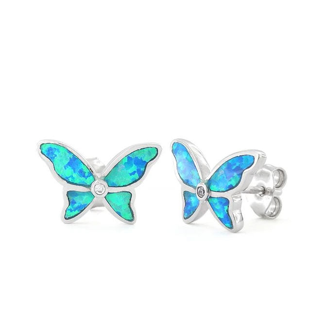 Sterling Silver Lab Opal Butterfly CZ Earrings