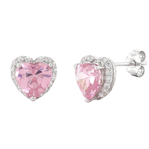 Sterling Silver Heart Shape Pink CZ Earrings