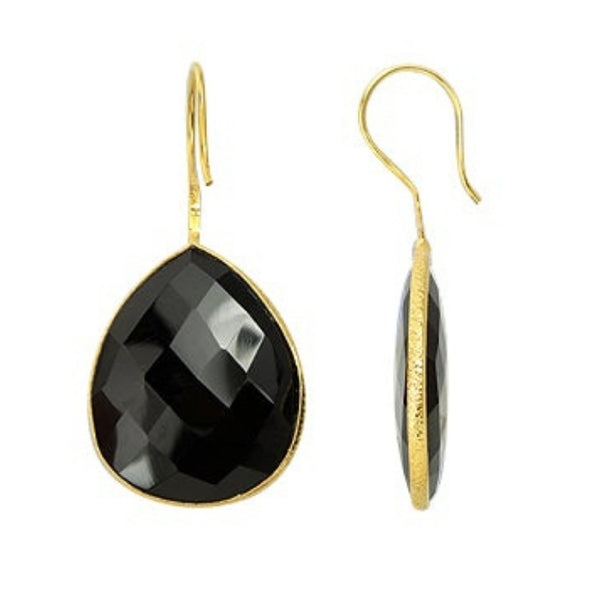 Gold Plated over Silver Bezelled Earrings Black Onyx  Pear 24 x 20mm