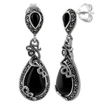 Sterling Silver Vines Tear Drop Black Onyx Marcasite Earrings