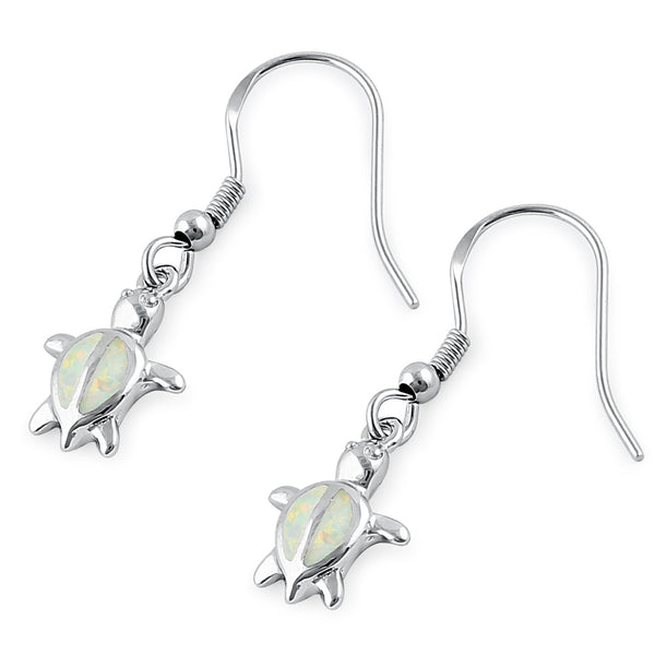 Sterling Silver White Lab Opal Sea Turtle Hook Earrings