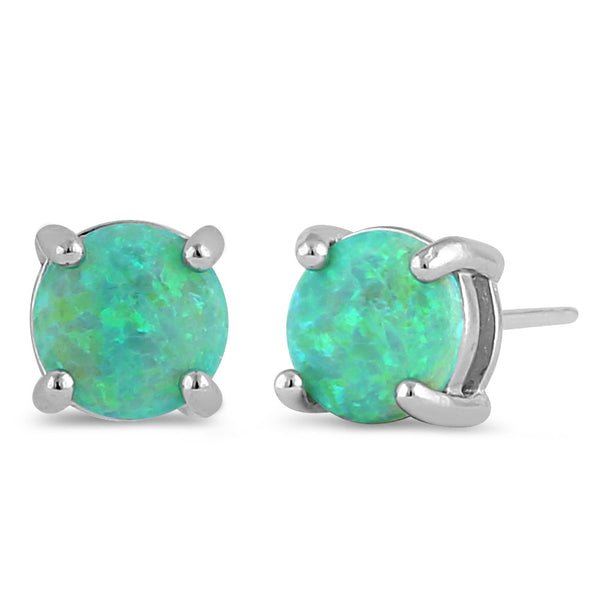 Sterling Silver Round Green Lab Opal Stud Earrings