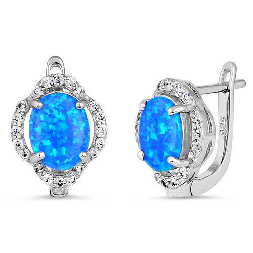 Sterling Silver Elegant Blue Lab Opal Oval CZ Halo Earrings