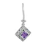Sterling Silver High Polish Filigree Square Cut Amethyst CZ Earrings