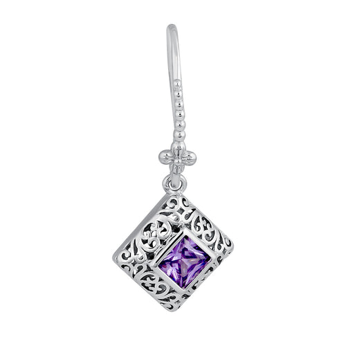 Sterling Silver High Polish Filigree Square Cut Amethyst CZ Earrings