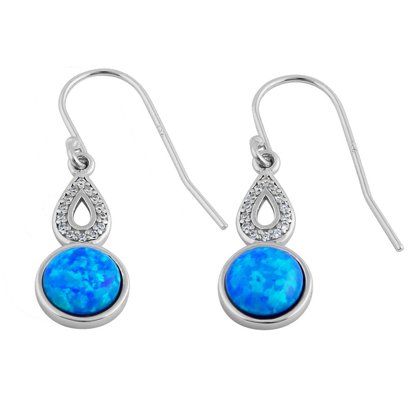 Sterling Silver Blue Lab Opal Semi Sphere Hollow Pear CZ Earrings