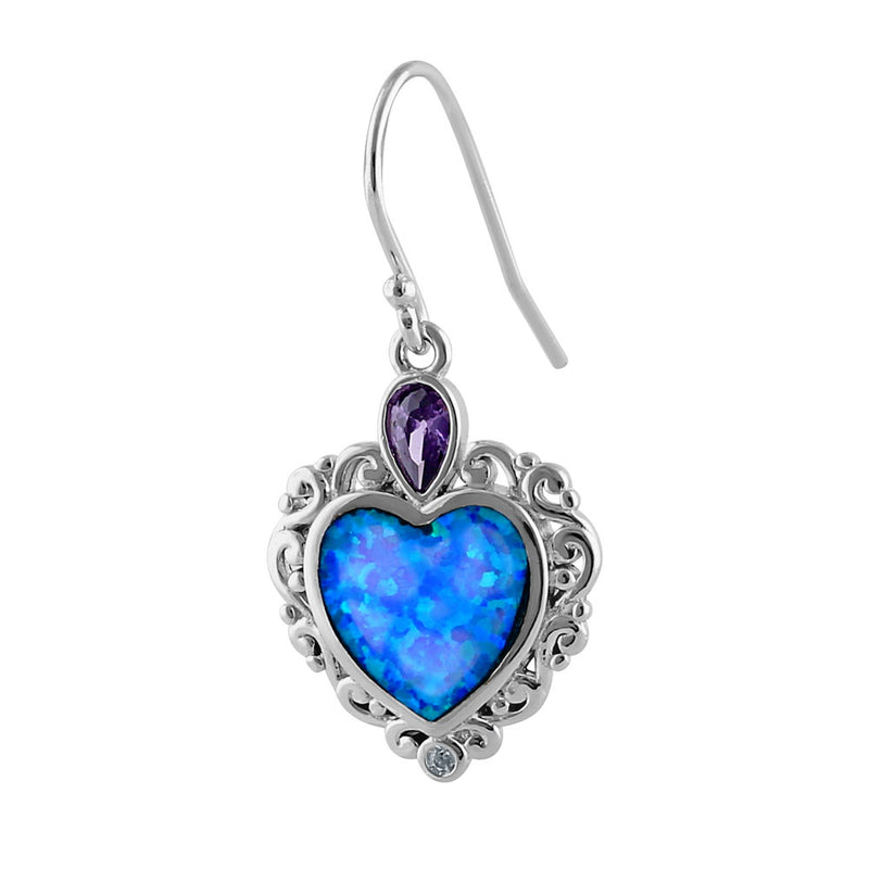 Sterling Silver Blue Lab Opal Victorian Heart with Amethyst Pear CZ Earrings
