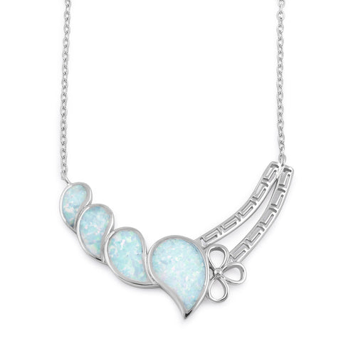 Sterling Silver White Lab Opal Curved Drops Greek Necklace