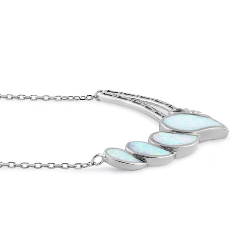 Sterling Silver White Lab Opal Curved Drops Greek Necklace