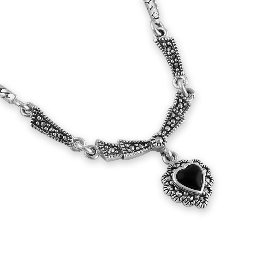 Sterling Silver Victorian Black Onyx Heart Halo Marcasite