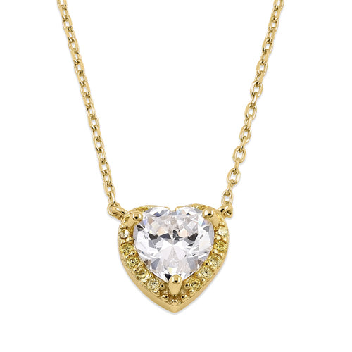Sterling Silver Clear and Yellow CZ Heart Halo Gold Plated Necklace