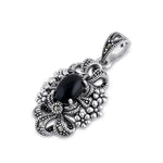 Sterling Silver Onyx Ribbon Floral Marcasite Pendant