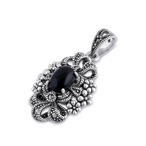 Sterling Silver Onyx Ribbon Floral Marcasite Pendant