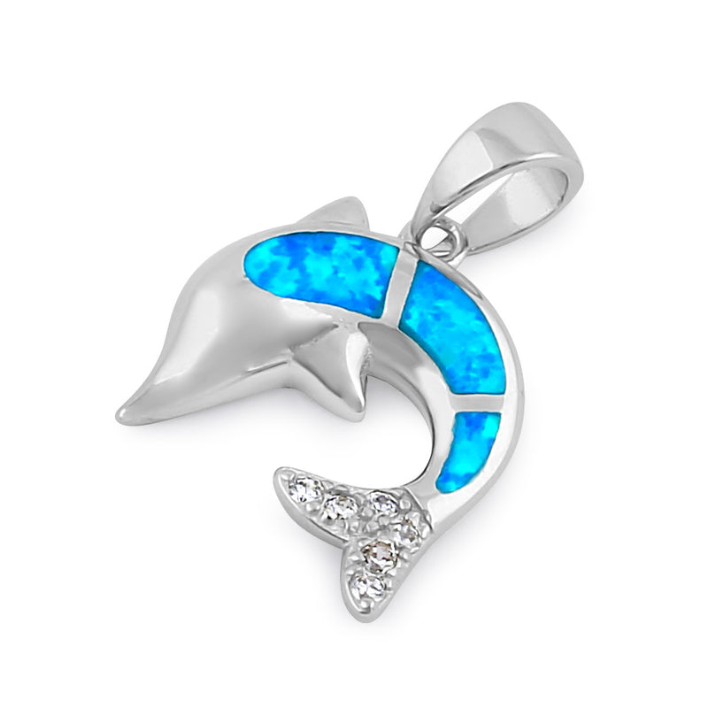 Sterling Silver Blue Lab Opal Dolphin CZ Pendant